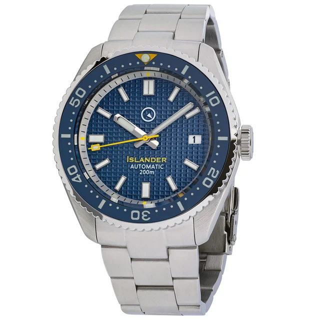 Islander Blue Waffle Dial Automatic Dive Watch with Flat AR Sapphire Crystal, Luminous Cer