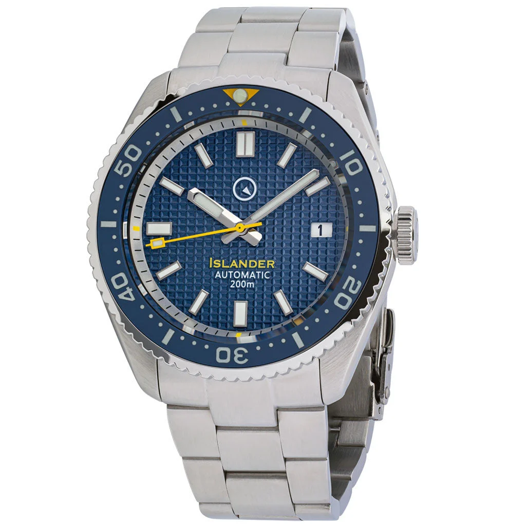 Islander Blue Waffle Dial Automatic Dive Watch with Flat AR Sapphire Crystal, Luminous Ceramic Bezel Insert #ISL-89 46 mm kol saati