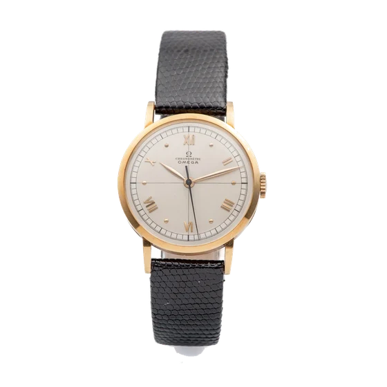 OMEGA Ref. OT 2365, indirect centre-seconds, two-tone silver dial; “Chronomètre”; 18K yell