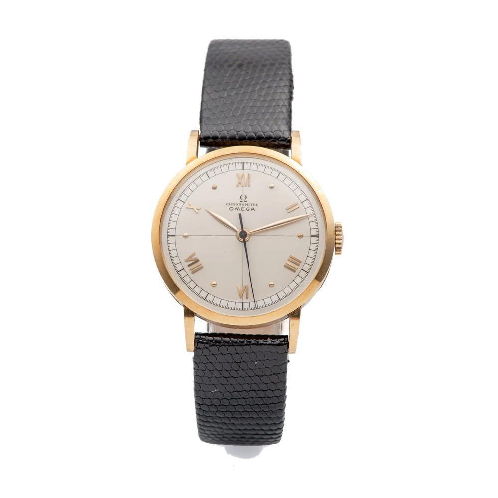 OMEGA Ref. OT 2365, indirect centre-seconds, two-tone silver dial; “Chronomètre”; 18K yellow gold kol saati