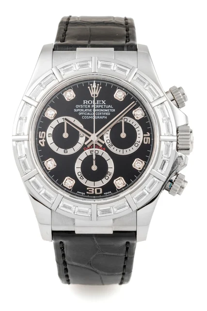 Rolex ROLEX, REF. 116589BR, DAYTONA, DIAMOND INDEX, BAGUETTE BEZEL, WHITE GOLD kol saati