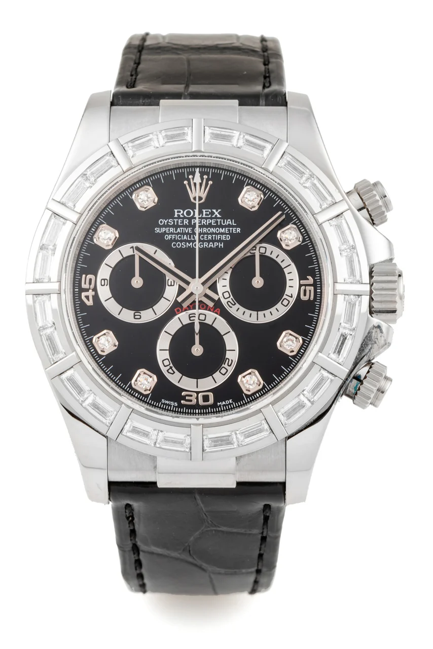 Rolex ROLEX, REF. 116589BR, DAYTONA, DIAMOND INDEX, BAGUETTE BEZEL, WHITE GOLD kol saati