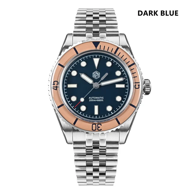 San Martin Men Dive Watch SN0133 圣马丁-SN0133 -浅三文鱼玻璃圈+深蓝表盘 - 铅笔针 五珠钢带 kol saati