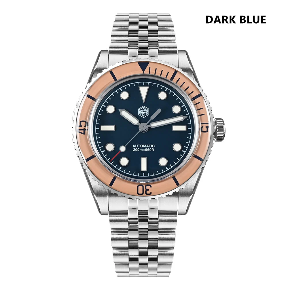 San Martin Men Dive Watch SN0133 圣马丁-SN0133 -浅三文鱼玻璃圈+深蓝表盘 - 铅笔针 五珠钢带 40 mm kol saati