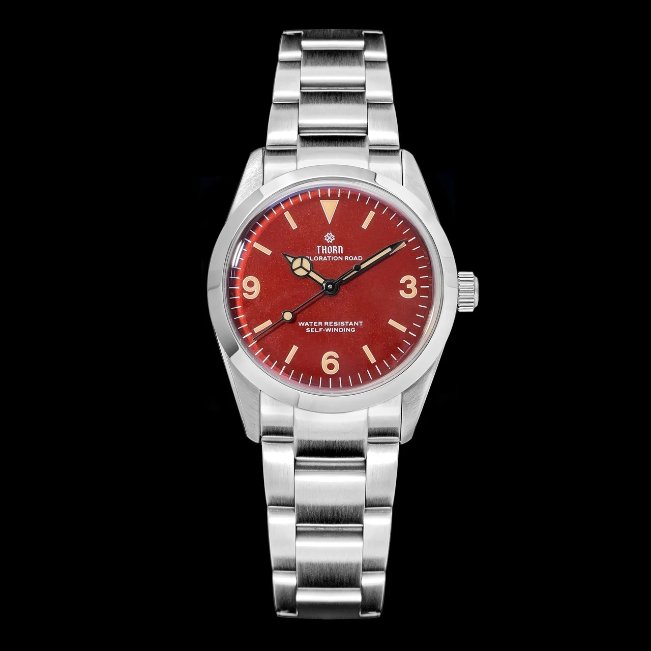 THORN Vintage Mechanical Watch T005 西流T005-探险家-黑面黄字-奔驰针-钢带 34 mm kol saati