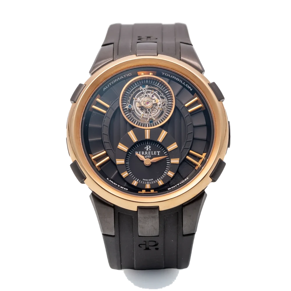 Perrelet 1777 PERRELET 1777 REF. A3035/1, OVERSIZE, SELF-WINDING, VISIBLE ONE-MINUTE TOURBILLON REGULATOR; “TOURBILLON BLACK & GOLD”; LIMITED EDITION OF 20 PIECES; 18K PINK GOLD AND TITANIUM kol saati