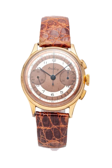 Breitling Ref. 760, chronograph, minute counter, two-tone dial; 18K pink gold kol saati