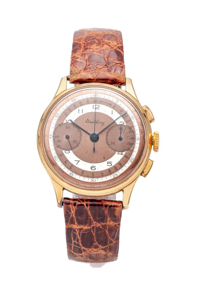 Breitling Ref. 760, chronograph, minute counter, two-tone dial; 18K pink gold kol saati