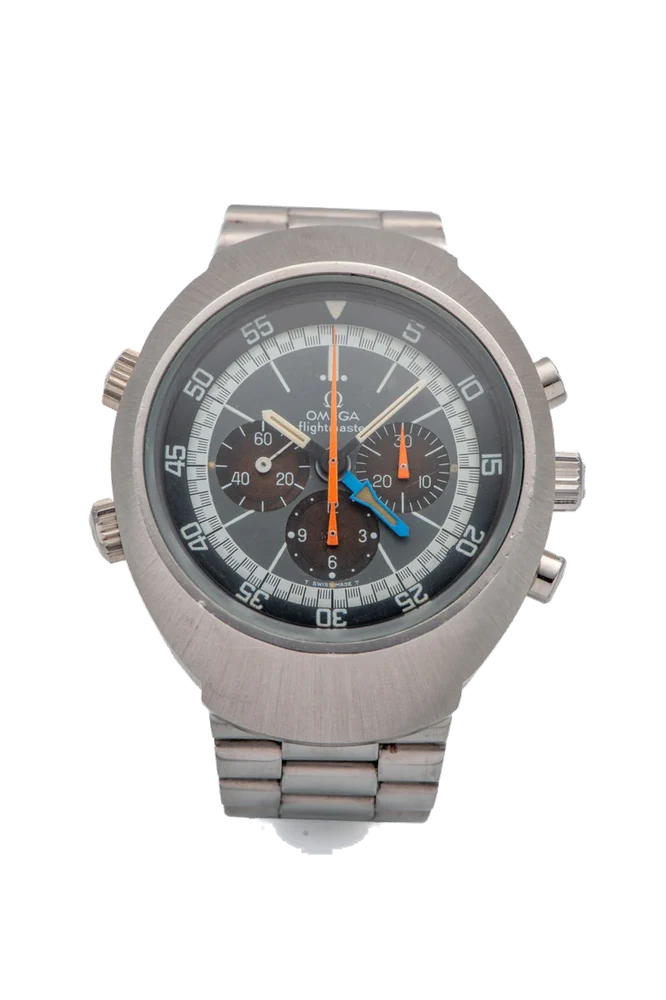 OMEGA Ref. ST 145 036, chronograph, minute and hour counters, two-time zone, dark grey dial; “Flightmaster”; stainless steel kol saati