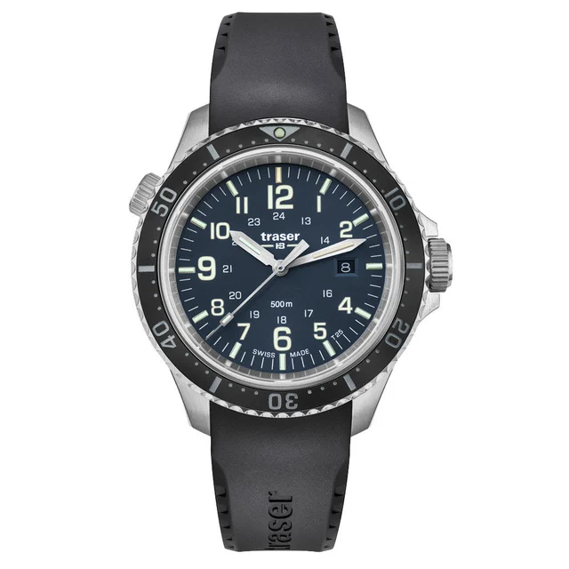 Traser Swiss-Made 500M Dive Watch with Blue Dial and Tritium #109374 kol saati