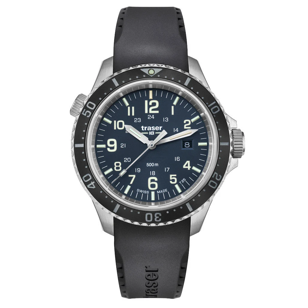 Traser Swiss-Made 500M Dive Watch with Blue Dial and Tritium #109374 kol saati