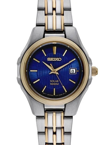 Seiko Two-Tone Solar Dress Watch with Blue Dial, Goltone Hands and Markers #SUT224 26 mm kol saati