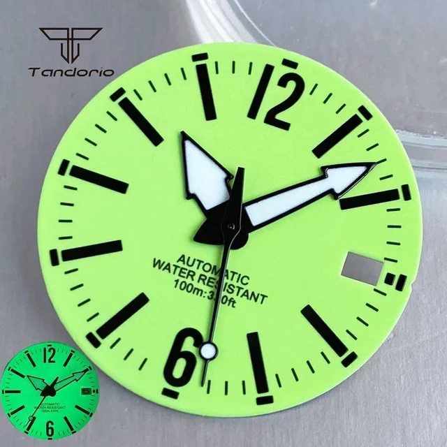 Tandorio Green Watch Dial Full Luminous Face Hands Set Date Fit NH35 Automatic Movt Access