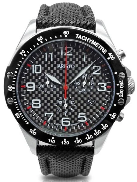 Aristo Aviator Style Quartz Chronograph Watch with Carbon Fiber Dial #4H158 45 mm kol saati