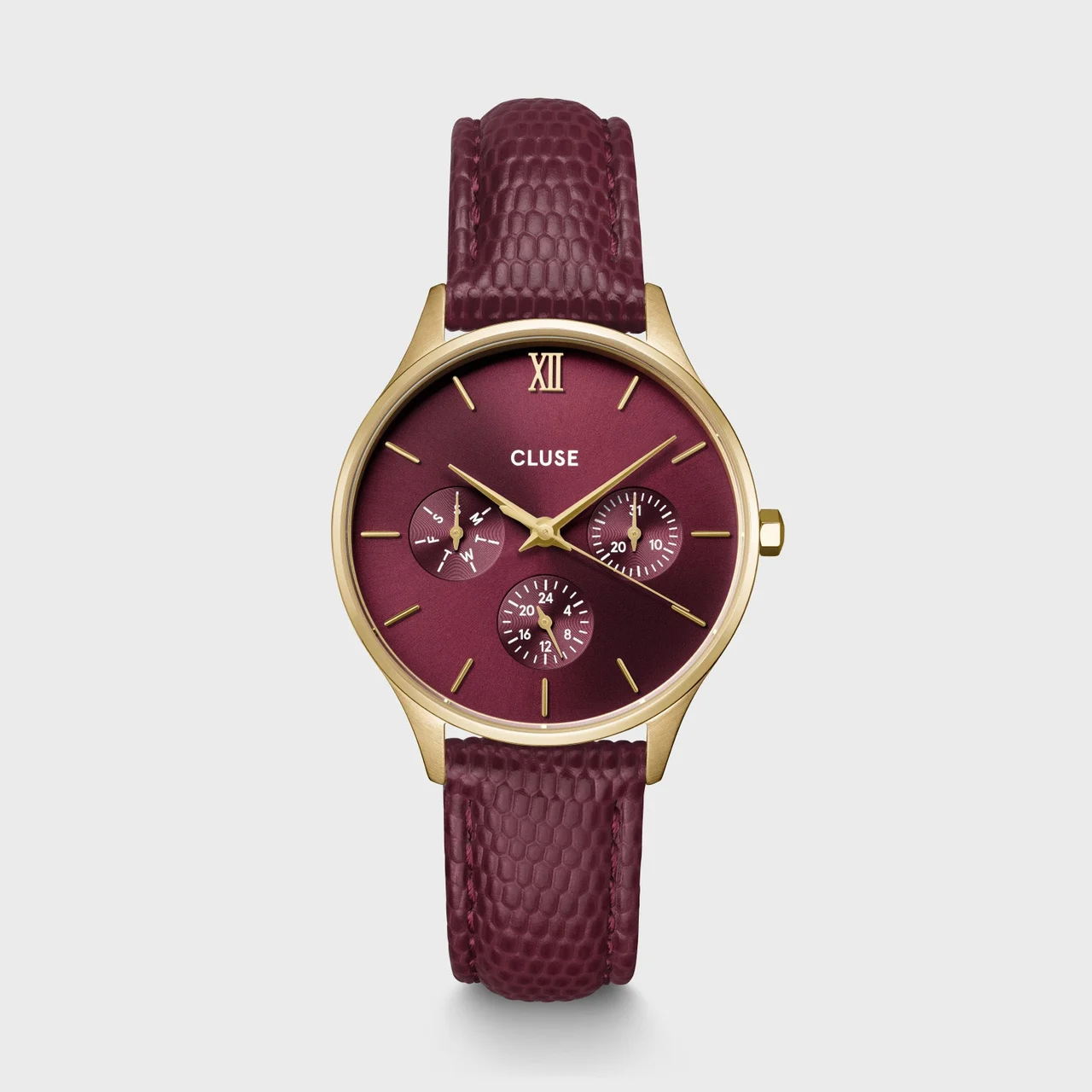 CLUSE Minuit Multifunction Watch Leather, Dark Cherry Lizard, Gold Colour CW10706 34 mm kol saati