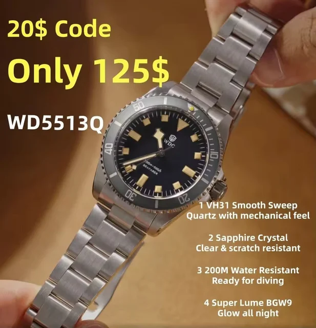 Cronos Watch Store Watchdives Seafarar WD5513Q 40mm VH31 Sub Diver Watch WD5513Q-黑面/白点盘剑形针