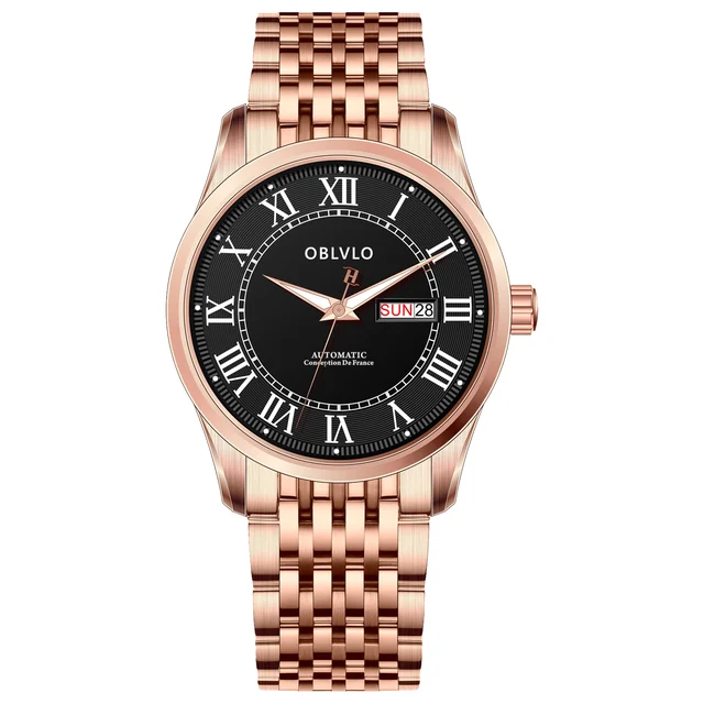 OBLVLO Gold Steel Strap,Black Dial GC-SIM GC Series,41mm,Rose Gold Steel Strap,Black Dial