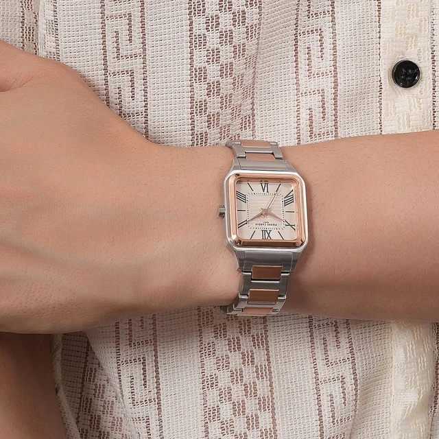 Ménilmontant Carré Men’s Square Watch - Two-Tone Silver & Rose Gold Case, Salmon Dial with
