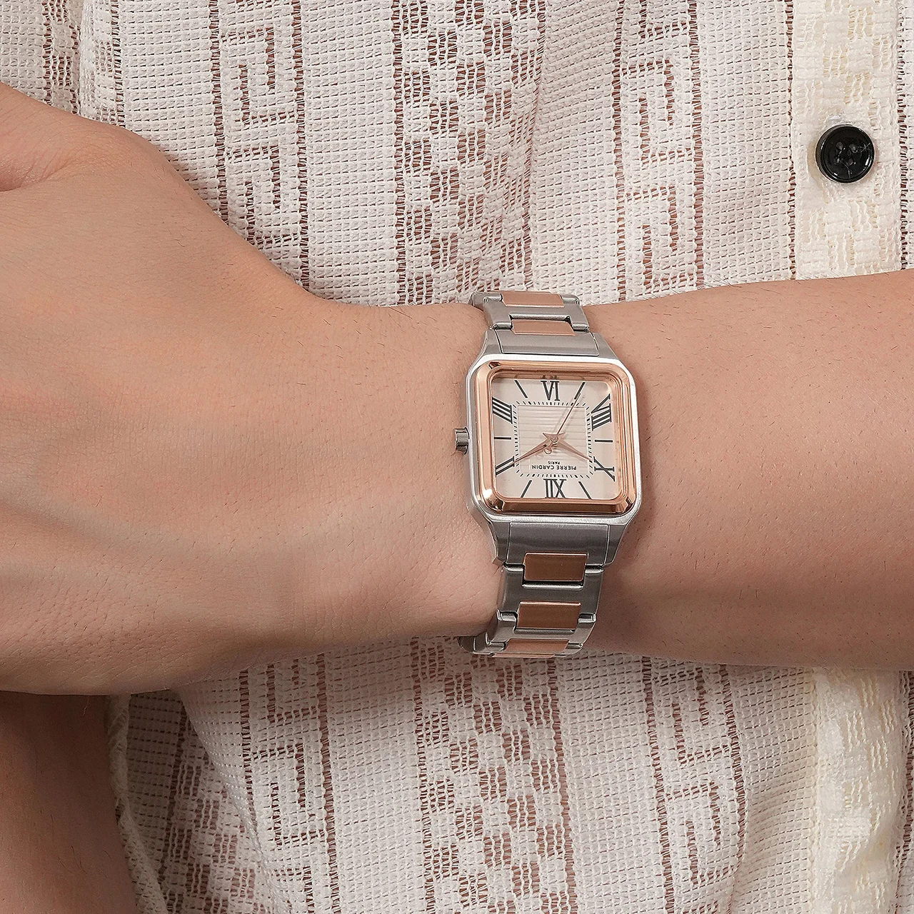 Ménilmontant Carré Men’s Square Watch - Two-Tone Silver & Rose Gold Case, Salmon Dial with Two-Tone Silver & Rose Gold Strap CF.1006.MU 31.4 mm kol saati