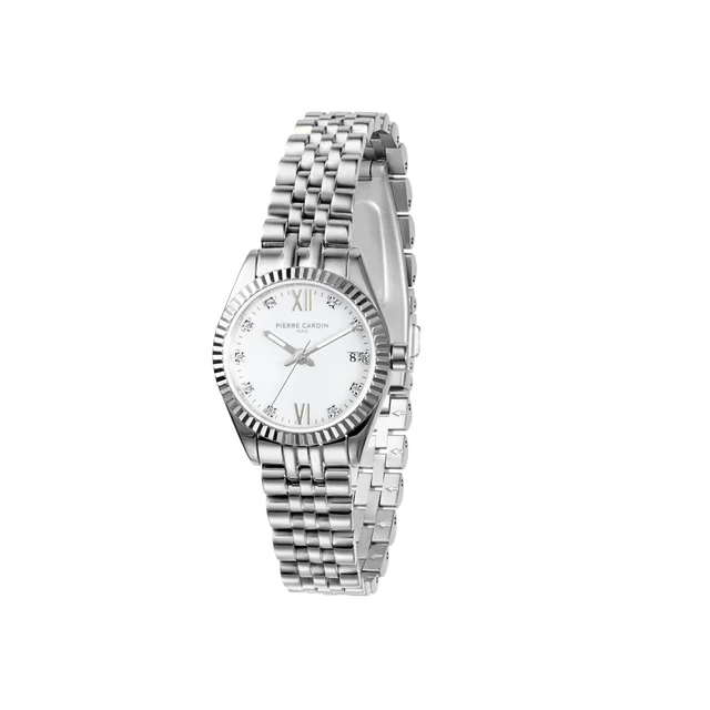 OPERA PLISSÉ Opera Stainless Steel Date Watch with Fluted Bezel and Crystals on a Mother o