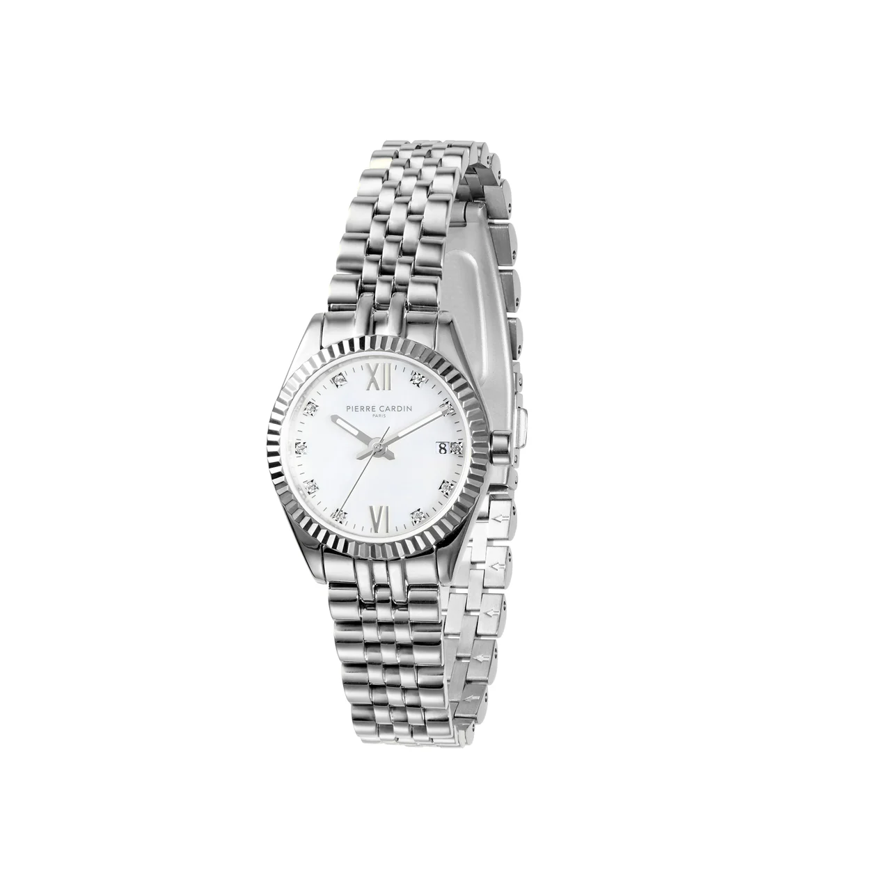 OPERA PLISSÉ Opera Stainless Steel Date Watch with Fluted Bezel and Crystals on a Mother of Pearl Dial Look COP.1007 28 mm kol saati