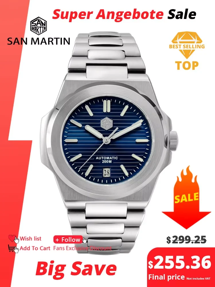 San Martin Top Band Men Diving Watch Fashion Classic Lu San Martin 42mm Top Band Men Diving Watch Fashion Classic Lu 42 mm kol saati