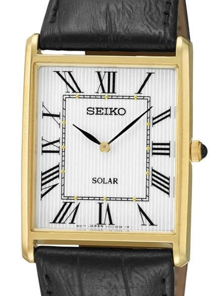 Seiko Classic Thin Solar Dress Watch with Goldtone Stainless Steel Case #SUP880 28.5 mm kol saati