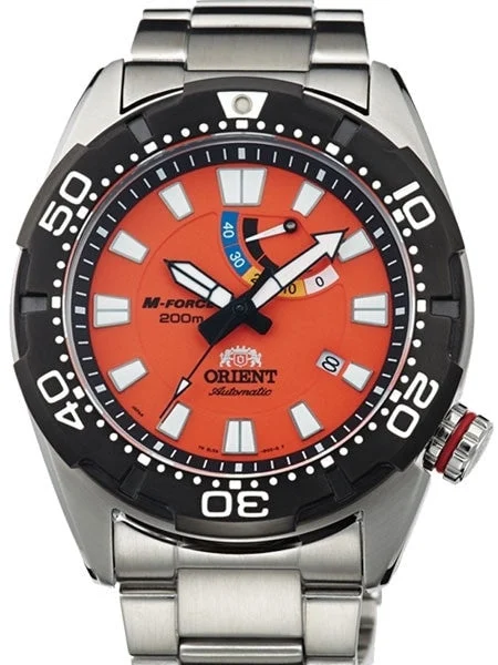 Orient M-Force Bravo Automatic Orange Dive Watch with Power Reserve Meter #EL0A003M 45 mm kol saati