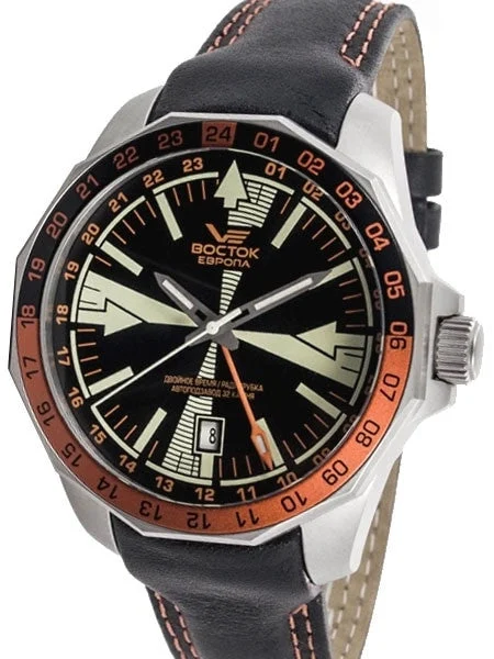 Vostok Europe Vostok-Europe Radio Room, Dual Time Automatic Watch with an Orange and Black Bezel #2255220 46 mm kol saati