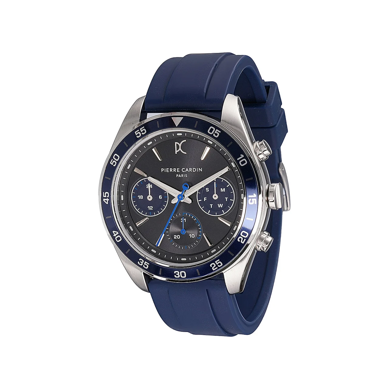 NATION Cristal Men’s 42mm Multifunction Watch - Silver Case, Black Dial with Blue Panda Eyes, Blue Bezel, and Blue Silicone Strap CF.1004.PD.1 42 mm kol saati