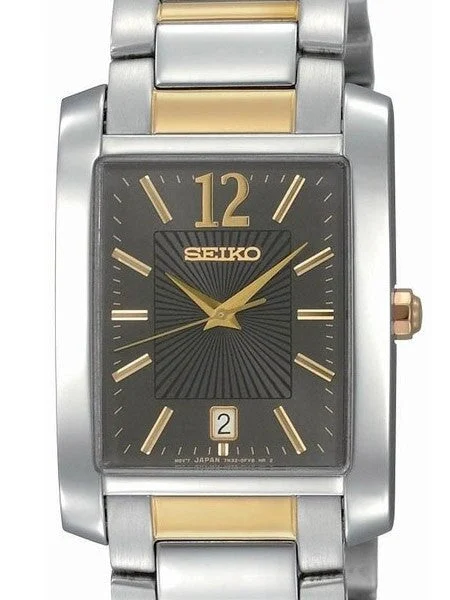Seiko Quartz Dress Charcoal Dial Two Tone Solid Stainless Steel Bracelet Watch #SKK701 28 mm kol saati