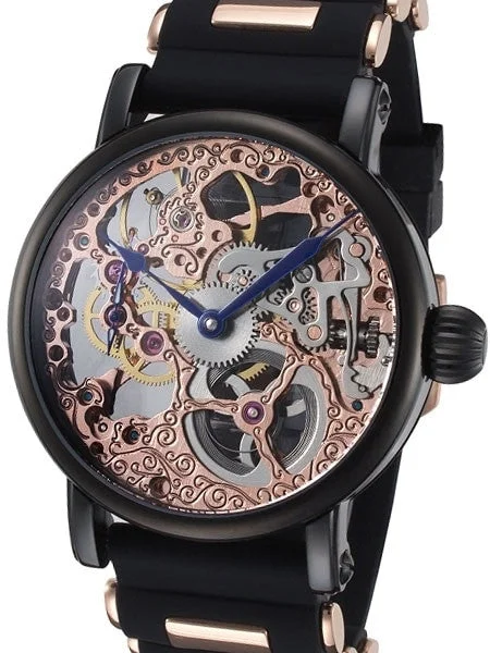 Rougois Rose Gold Plated Hand Wind Decorated Skeleton Movement Watch with Black IP Case #RS10006-BSB 44 mm kol saati
