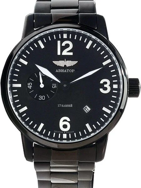 Aviator Mechanical, Hand Wind Black PVD Watch with SuperLuminova Hands and Markers #6974645B 45 mm kol saati