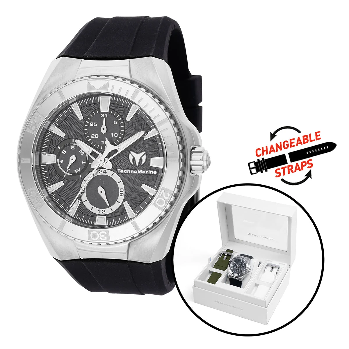 Technomarine Cruise California Watch - 45mm. Black, White, Green with Interchangeable Strap (TM-124017) 45 mm kol saati