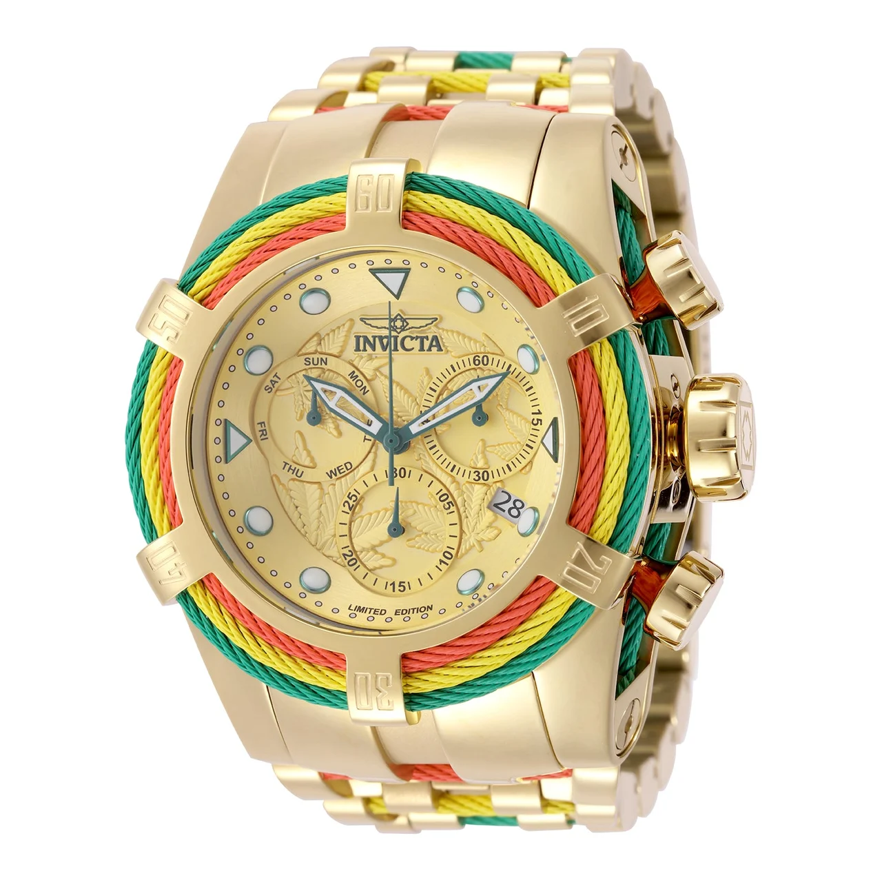 Invicta Bolt One Love Swiss Ronda Z60 Caliber Watch - 53mm. Green. Yellow. Red. Gold (50125) kol saati