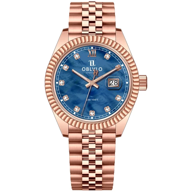 OBLVLO Gold Steel Strap ,Blue Dial RX-PE-PLPS RX Series,39mm,Rose Gold Steel Strap ,Blue D