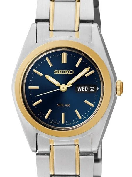 Seiko Two-Tone Solar Dress Watch with Blue Dial, Goltone Hands and Markers #SUT110 kol saa
