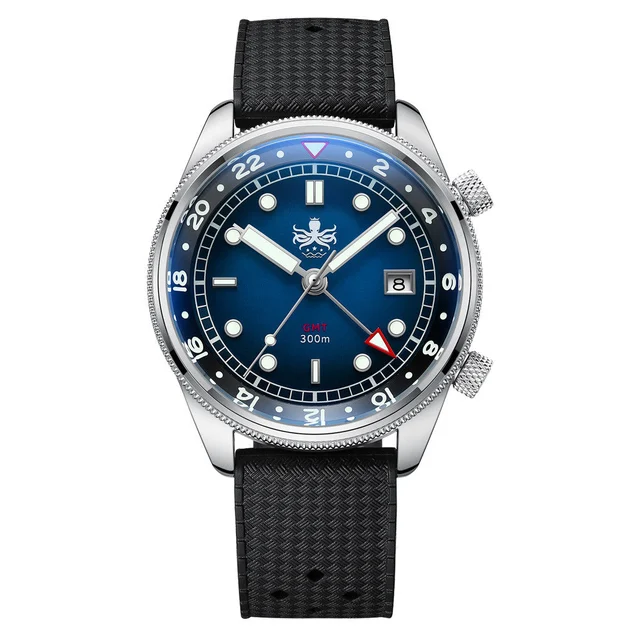 Phoibos Eagle Ray 300-Meter Dual-Time GMT Dive Watch with Double Dome AR Sapphire Crystal