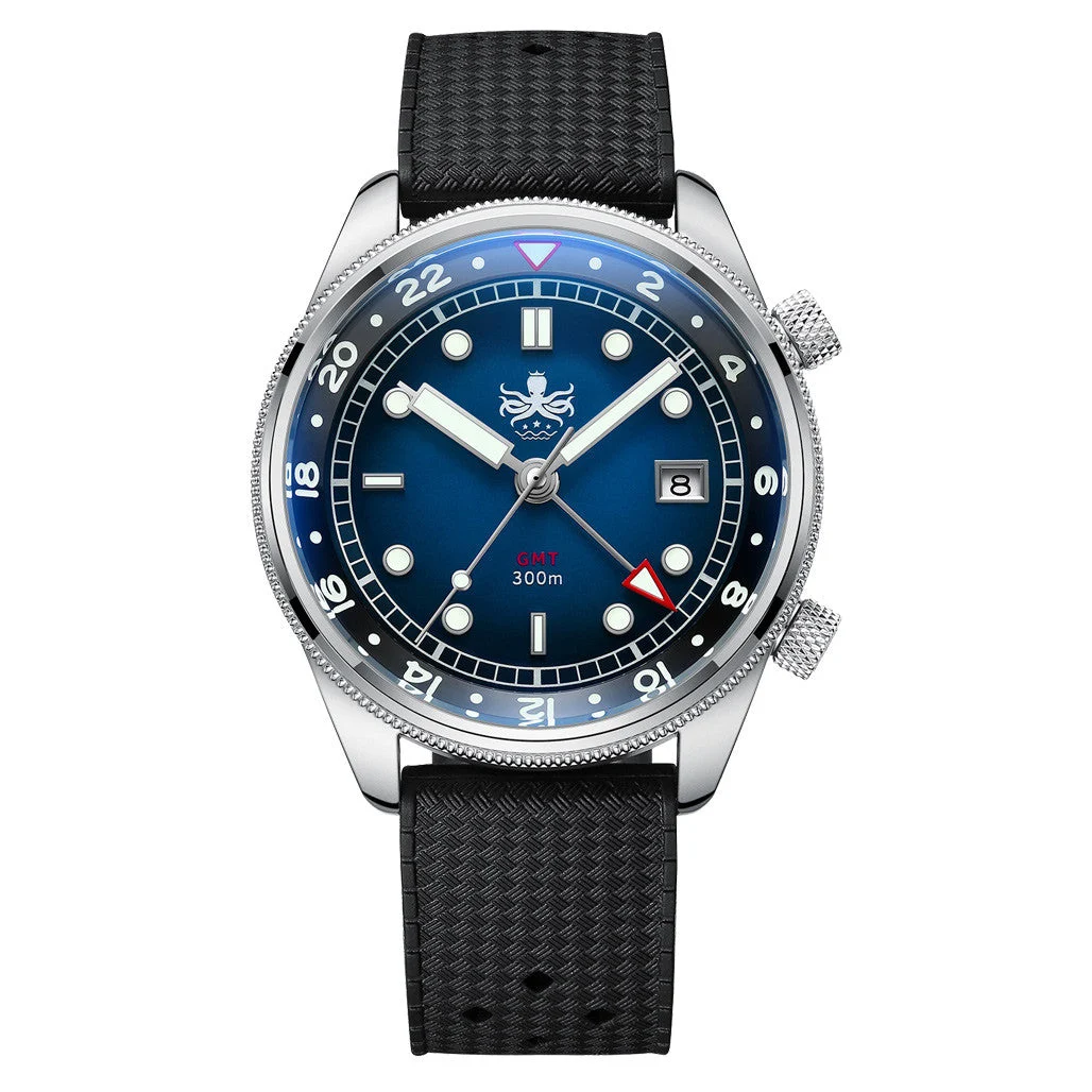 Phoibos Eagle Ray 300-Meter Dual-Time GMT Dive Watch with Double Dome AR Sapphire Crystal #PX023B 41 mm kol saati