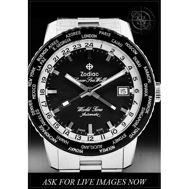 Zodiac Super Sea Wolf World Time GMT Black 210000073976 40 mm kol saati