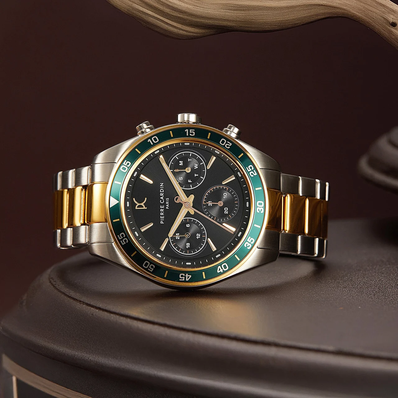 NATION Cristal Men’s 42mm Multifunction Watch - Two-Tone Gold & Silver Case, Black Dial, Green Bezel with Silver Metal Strap CF.1004.MU.1 42 mm kol saati