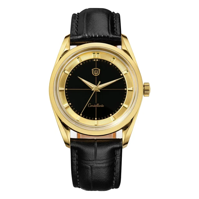 Watchdives Arctic Classic 36mm VH31 – Gold Case wd1954-金壳-搪瓷黑面-蓝宝- 黑皮带/金扣 kol saati