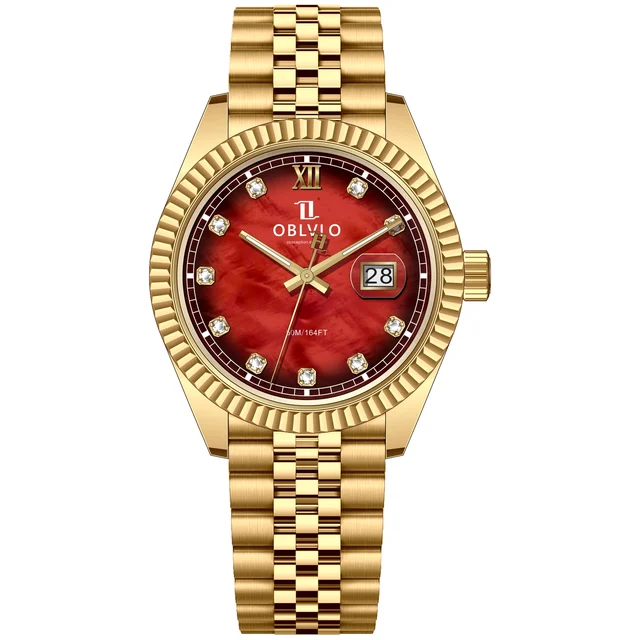 OBLVLO Steel Strap ,Red Dial RX-PE-GRGS RX Series,39mm,Gold Steel Strap ,Red Dial RX-PE-GR