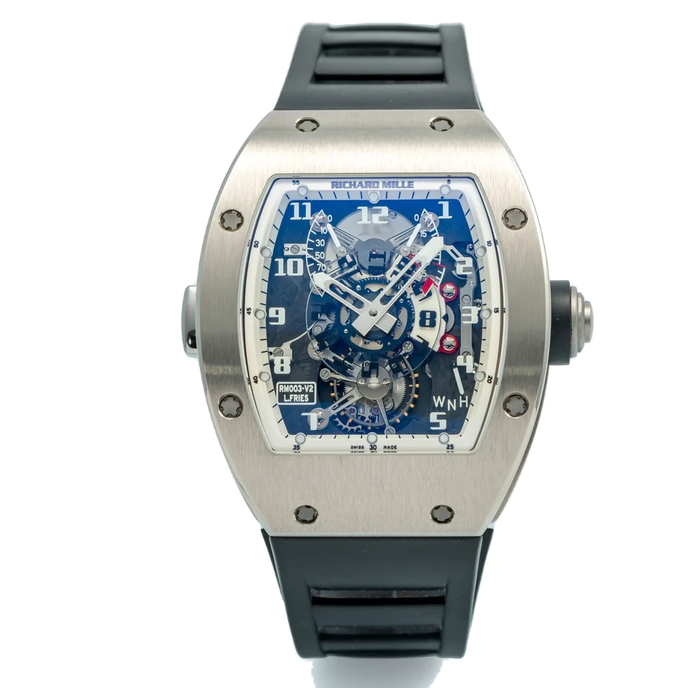 Richard Mille RICHARD MILLE REF. RM003 TOURBILLON PINK GOLD AND TITANIUM An extremely fine and very rare manual-winding 18K pink gold wristwatch with one-minute tourbillon, dual time, torque indication and power reserve indication. kol saati