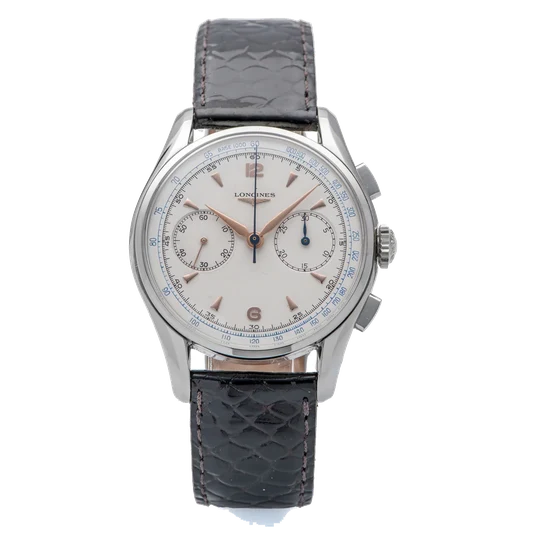 Longines Ref. 6552.1, fly-back “retour en vol” chronograph, minute counter, silver dial, c