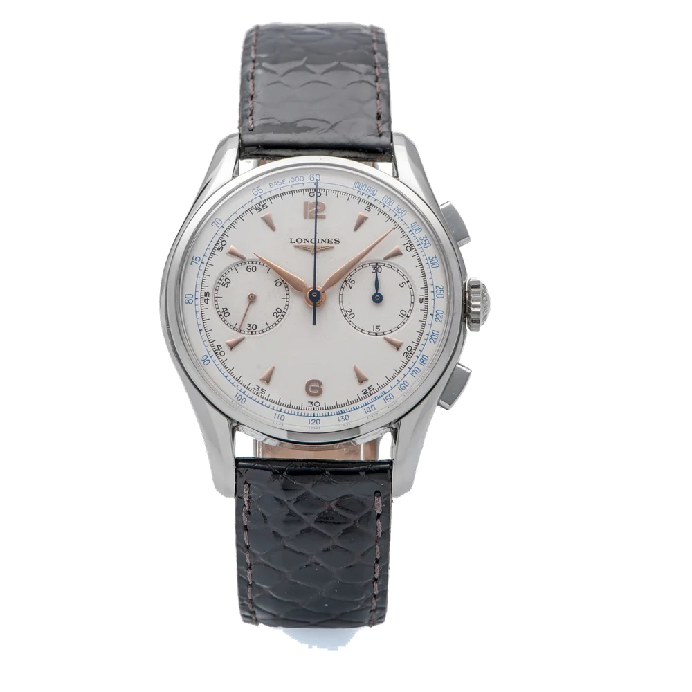 Longines Ref. 6552.1, fly-back “retour en vol” chronograph, minute counter, silver dial, calibre 30 CH; stainless steel kol saati
