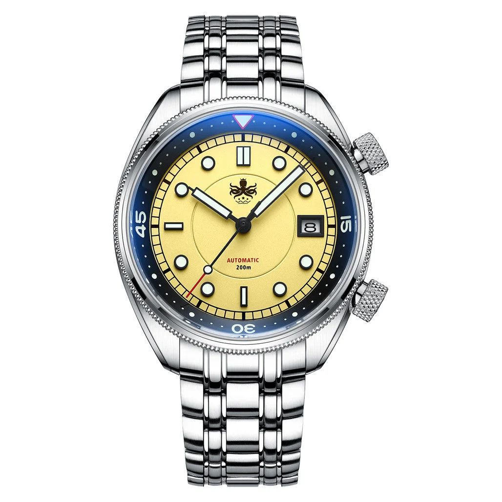 Phoibos Eagle Ray Automatic Compressor Style Dive Watch with Pastel Yellow Dial #PY048F 47 mm kol saati