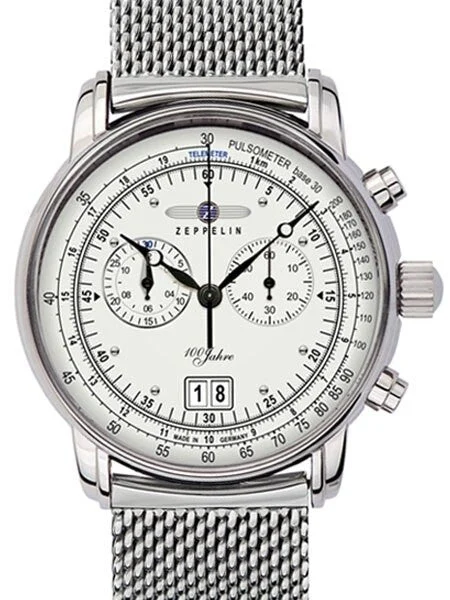 Graf Zeppelin Chronograph Big Date Watch with 12-hr Totalizer, Mesh Bracelet #7690M-1 kol saati