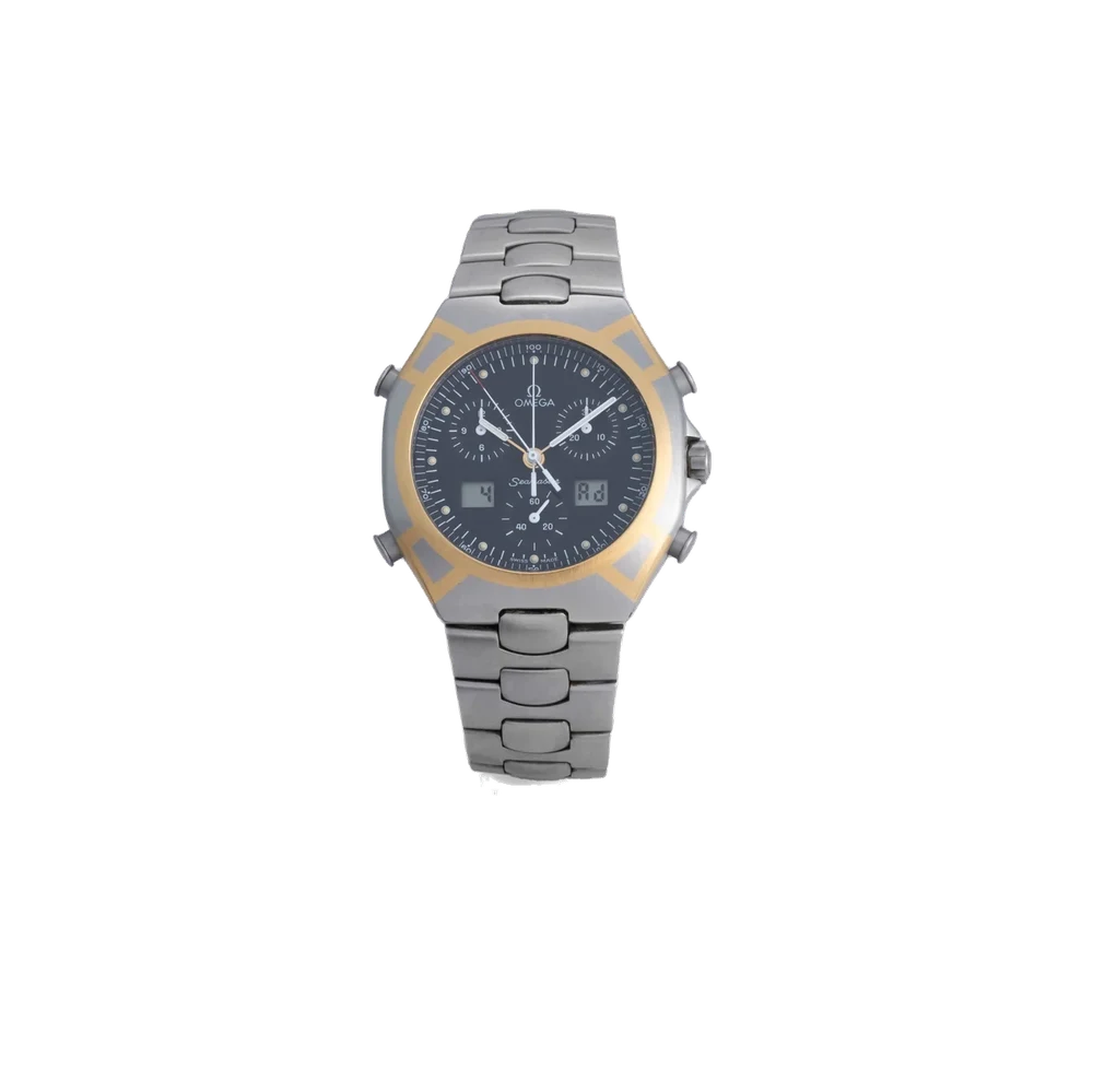 OMEGA Ref. DB 386.1231, quartz, 1/100 split-seconds chronograph, minute and hour counters, date; “Seamaster” so-called “Polaris”; stainless steel and yellow gold kol saati