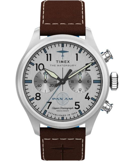 Timex Pan Am® Waterbury Ace Chronograph 41mm Leather Strap Watch TW2Y38700JR kol saati